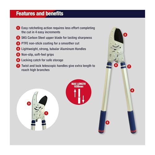 Spear & Jackson 8290RS Razorsharp Heavy Duty Telescopic Ratchet Anvil Loppers, Extendable 40 1/2" Handles, Ideal for Cutting Thick Hard To Reach Branches, Powerful Ratcheting Mechanism