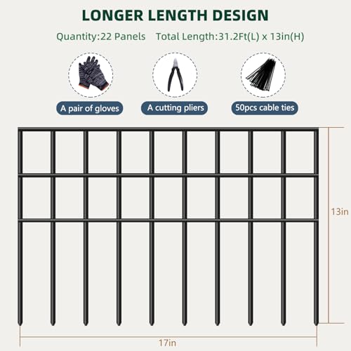 31ft(L) x 13in(H) Animal Barrier Fence, 22 Panels No Dig Garden Fence for Dog Rabbit, Rustproof Anti Digging Barrier, Garden Edging Border Ground Defense for Outdoor, Yard, Patio - color: Black, size: 22 Panels, 31ft(L) x 13in(H)