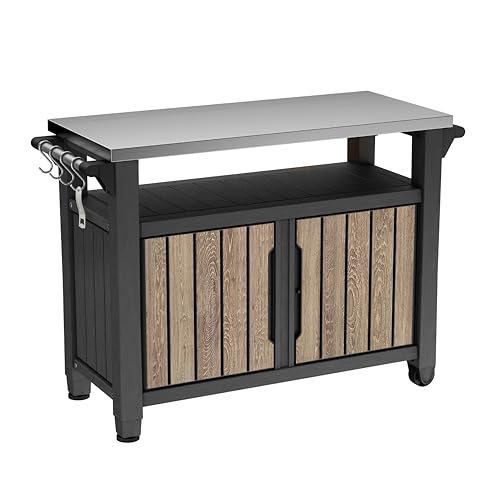 Keter Unity XL Outdoor Entertainment Cart with Wood‑Look Finish, 78‑Gallon Patio Storage Cabinet, Food Prep Station, Stainless‑Steel Top for BBQ, Grill, Patio, Deck & Backyard, Ashwood - color: Ashwood