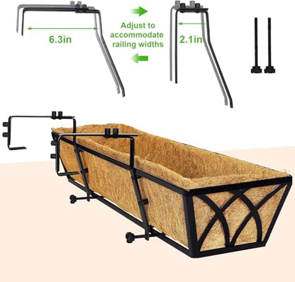 Y&M 4 Pcs 30'' Deck Railing Planters Outdoor Balcony, Large Metal Window Box Deck Railing Planter with Coco Liner for Outdoor Balcony Porch Fence Patio Rail - size: X - 30in 4p
