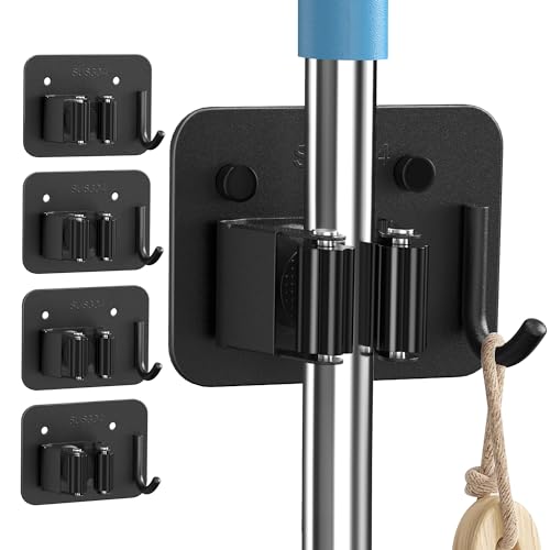 4 Pack Broom Holder Wall Mount, 304 Stainless Steel Mop Organizer with Hook - color: C-Black, size: 4PCS Gripper
