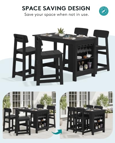 SERWALL 3-Piece Outdoor HDPE Counter-Height Bar Set with 2 Stools, Black - color: Black, size: 3 Piece Bar Set
