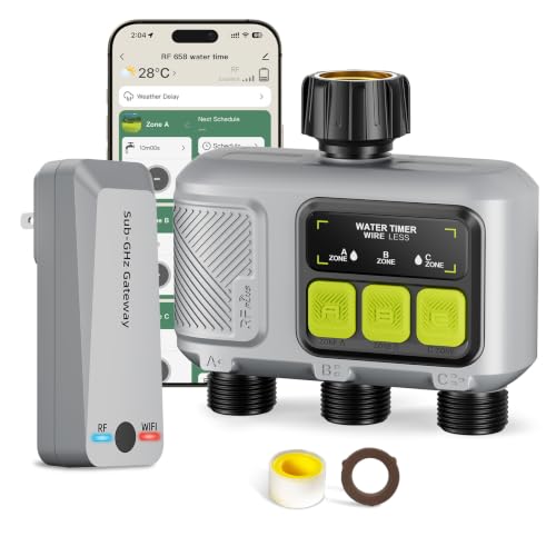 WiFi Water Timer 3 Outlet for Garden Hose, Smart Sprinkler Controller with 984ft RF Range, Smart Lawn Watering System Irrigation Timer, APP/Voice Control, Rain Delay, Manual Irrigation - size: 3 Outlet