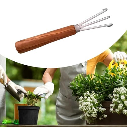 3-Prong Hand Rake Cultivator, Metal and Wood Hand Tiller for Weeding, Digging and Loosening Soil, Dark Brown