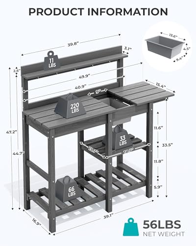 SERWALL Outdoor Potting Bench with Removable Sink,Gardening Table,Grey - color: Gray, size: Classic