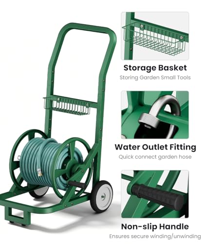 Artigarden Garden Hose Reel Cart with Wheels, Holds 125 ft 5/8" Hose, Green
