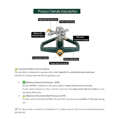 WEMADE Heavy Duty Metal Pulsating Sprinklers for Yard - 360 Degree Roating Automatic Water Sprinkler for Lawn with Metal Base, Impact Sprinklers for Large Area Covers Up to 85‘ Diameter