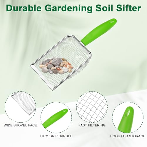 M METERXITY 1-Pack Gardening Soil Sifter, 4.3 mm Mesh Stainless Steel Portable Gardening Sifter with Plastic Handle for Sand/Dirt/Rock Compost [White, Green] - color: White, Green, size: 4.3X4.3mm
