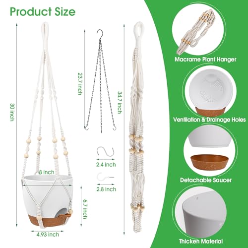 8'' Self Watering Hanging Planters with 2 Kinds of Plant Hangers,2 Pack - color: Ivory+black+white, size: 8''