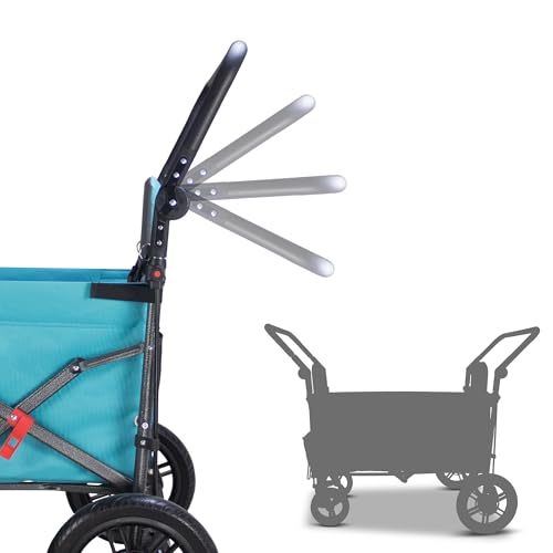 TMZ Collapsible Wagon with 2 Foldable Seats, Folding Wagon with Canopy, Multi Functional Cart with Adjustable Handle Bar, Front Expandable for Transport Camping (Turquoise/Grey) - color: Turquoise/Grey