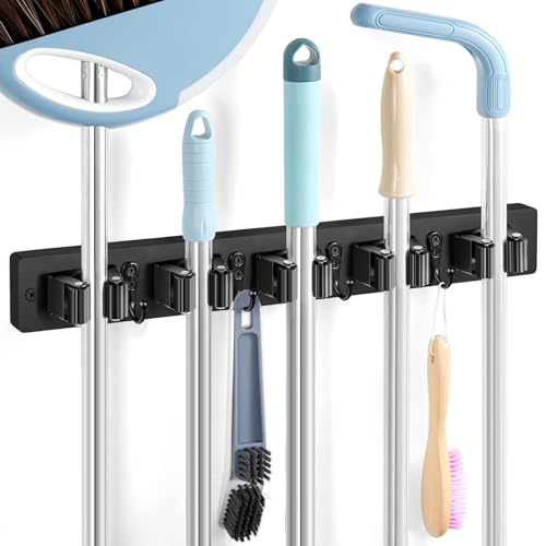 Black Broom Holder Wall Mount - Heavy Duty Wood Mop and Broom Organizer with 5 Slots & 4 Hooks - Sturdy Garden Tool Hanger for Laundry Room Closet Kitchen Garage Storage and Organization - color: Black-5 Slots