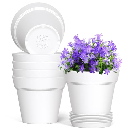 WSMKSZ 6 Inch Thick Plastic Plant Pots with Drainage Holes and Trays – 6 Pack Nursery Pots for Indoor & Outdoor House Plants, Seedling Starter Planters for Garden Flowers, White - color: White, size: 6in 6pcs