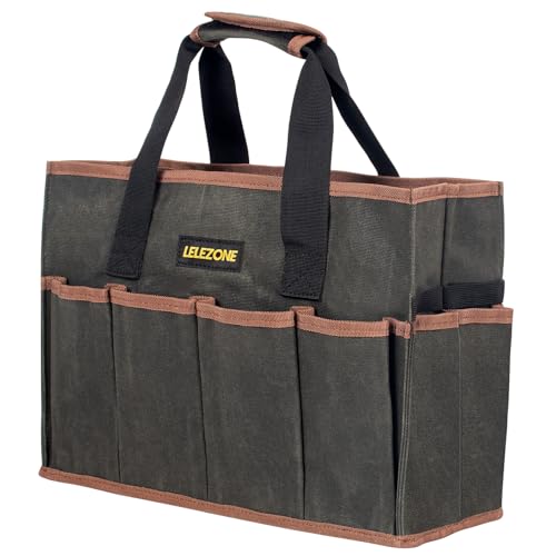 Tool Bag 16 oz. Waxed Canvas Tool Bag Large Capacity Tool Storage Tote comes with a Main Compartment and 12 Exterior Pockets for Wrenches, Scissors, Hammers or a set of Garden Tools and More ArmyGreen - color: Army Green