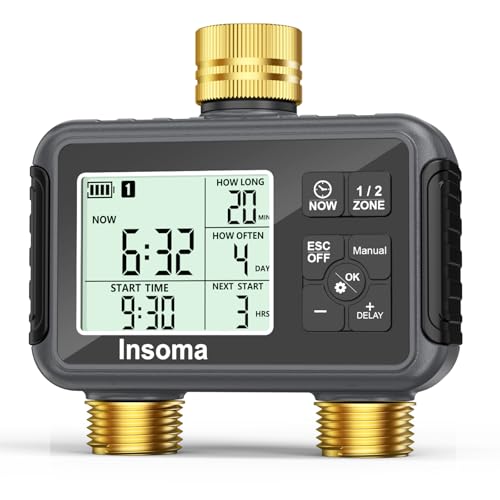 Insoma Water Timer with Brass Inlet & Outlet, 2 Independent Zones Outdoor Hose Timer for Garden Faucet with Auto/Manual/Rain Delay Mode, Sprinkler Irrigation Controller for Yard Lawn - color: Grey Black, size: 2 Outlets