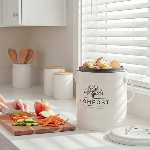 Perfnique 1.3 Gal Kitchen Compost Bin with Lid, Countertop Compost Caddy - color: cream, style: without bags