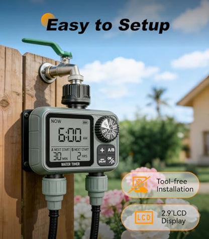 Kenkor Sprinkler Timer 2 Zone, Water Timers for Garden Hose, Brass Inlet, Programmable Hose Timer with Rain Delay/Manual Modes, Faucet Timers for Lawn, Yard