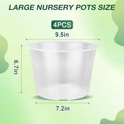 10 Inch Clear Nursery Pots with Drainage Holes, 4 Pack Flexible Large Plant Pots for Plants, Plastic Clear Nursery Pots for Seedling, Shrubs, Herbs, Flowers, Vegetables - size: 10 Inch