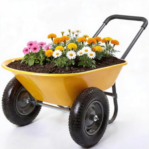 600 Lbs Garden Wheelbarrow with All Terrain 2 Wheel Wagon Cart Steel Frame - color: Yellow