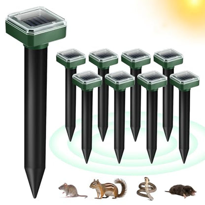 8 Pack Solar Mole Repellent Ultrasonic Gopher Repellent Outdoor Vole Chaser Sonic Mole Deterrent Stake Spikes Waterproof, Keep Moles, Gophers, Voles, Snakes, Groundhogs, Chipmunks Out of Yard Lawn