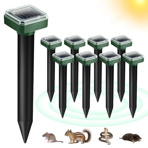 8 Pack Solar Mole Repellent Ultrasonic Gopher Repellent Outdoor Vole Chaser Sonic Mole Deterrent Stake Spikes Waterproof, Keep Moles, Gophers, Voles, Snakes, Groundhogs, Chipmunks Out of Yard Lawn