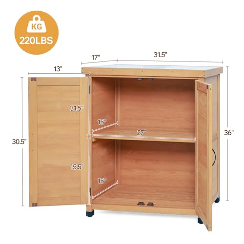 Garden Potting Bench Table with Storage Cabinet – Outdoor Wooden Workstation with Metal Tabletop, Solid Wood Planting Work Bench for Patio, Garden & Backyard, Light Brown - color: Light Brown