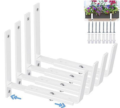HFHOME 4 PCS Adjustable Planter Box Brackets (6 to 12.5 in), Universal Window Box Brackets, Heavy Duty Metal Flower Box Wall Mounting Hooks for Balcony, Fences, Patio, and Garden - White - size: Set of 4 - White