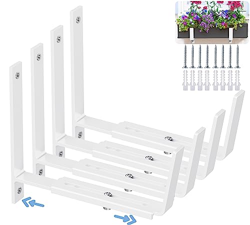 HFHOME 4 PCS Adjustable Planter Box Brackets (6 to 12.5 in), Universal Window Box Brackets, Heavy Duty Metal Flower Box Wall Mounting Hooks for Balcony, Fences, Patio, and Garden - White - size: Set of 4 - White