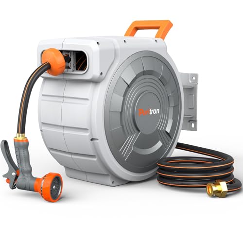 Retractable Garden Hose Reel 5/8"x100ft, 3-Ply Reinforced water hose reel, Any Length Lock, Heavy-Duty Rust Prevention Metal Mount, Brass Fitting, 9 Spray Nozzle for Lawn & Gardening - color: 100 Ft X 5/8inch