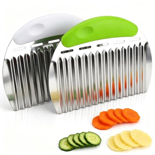 Crinkle Cutter French Fry Cutter, 2 Pack Stainless Steel Wavy Potato Slicer - color: White & Green