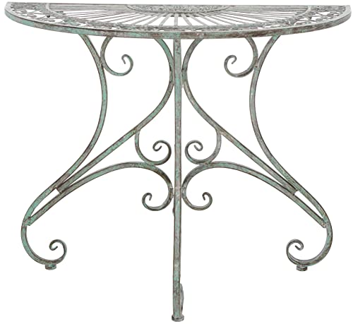 SAFAVIEH Outdoor - Annalise Half-Moon Accent Table - Antique Dark Green Iron Metal - Vintage Baroque Scrollwork - Ideal for Patio, Deck, Porch, Garden, 35.5" W x 18.5" D x 29" H (PAT5008D) - color: Antique Dark Green