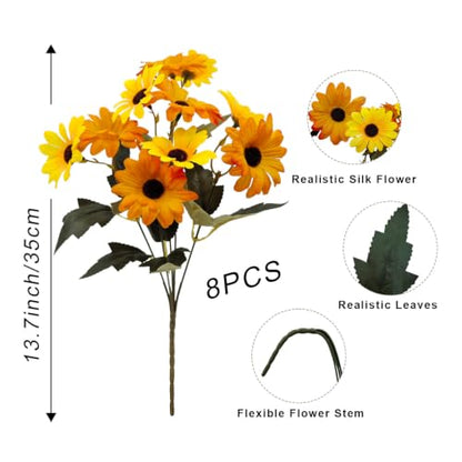 8 Bundles Yellow Flowers Artificial Black Eyed Susans Mums for Outdoors - color: Yellow and Orange