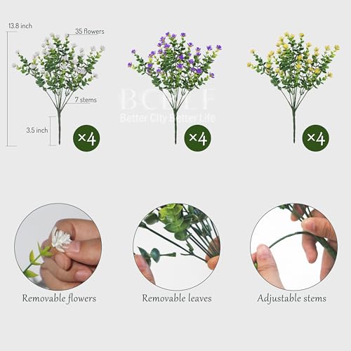 UV Resistant Artificial Flowers for Indoor and Outdoor Use, 12 Bundles Not-Fading Faux Plants for Porch, Patio, Garden, and Home Decoration - Yellow Purple White - color: Yelow+ Purple+ White