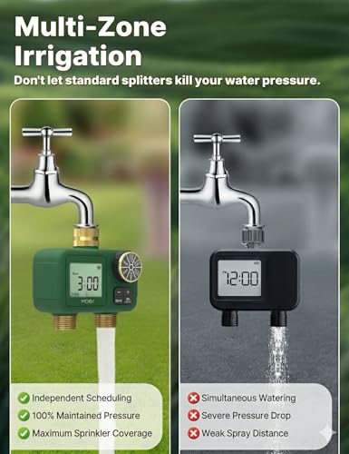 MOES 2 Zone Water Timer, Brass Fittings, Rain Delay, No Wi-Fi Required - style: 2 Zones (2 Outlets)