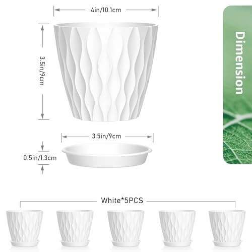 Meowell 4 inch Small Plastic Nursery Pots, 5 Pack Water Ripples Plant Pots for Indoor Plants, Flower Pots with Drainage Holes and Saucers, Seedling Starter Planters for Succulent Plants, White - color: White, size: 4 inch 5 pieces
