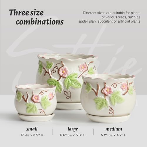 Ceramic Plant Pots with Drainage Holes and Saucers, Small Planters Set of 3 - color: White03