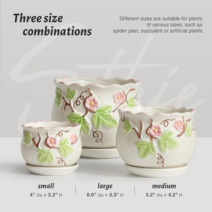 Ceramic Plant Pots with Drainage Holes and Saucers, Small Planters Set of 3 - color: White03