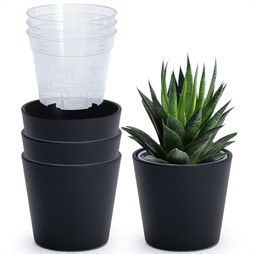 Phoenix Vine 4.5 Inch Black Plastic Cachepot with Clear Nursery Pot, Decorative Lightweight Planter Cover with Transparent Inner Pot for Indoor Houseplants, Pack of 4, 24-B-E-4 - color: Matte Black, size: 4.5" (4 Pack)