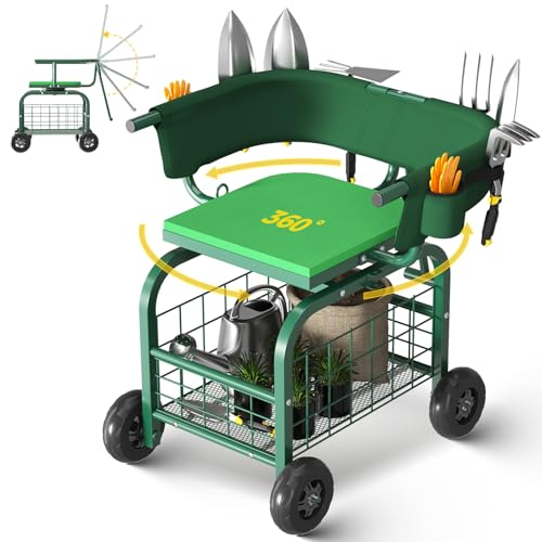 Suntee Garden Seat with Wheels, Rolling Gardening Stool with 360° Swivel Seat & Backrest,Tool Storage Basket & Back Tool Pouch, Adjustable Handle, Outdoor Gardening Scooter, Garden Cart for Seniors - color: Green