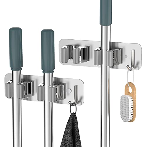 homeasy Wall Mount Mop and Broom Holder, Heavy Duty Stainless Steel Organizer Rack with Hooks | 2-Pack, 2-in-1 No Drill & Screw Installation, Silver - color: Silver-2
