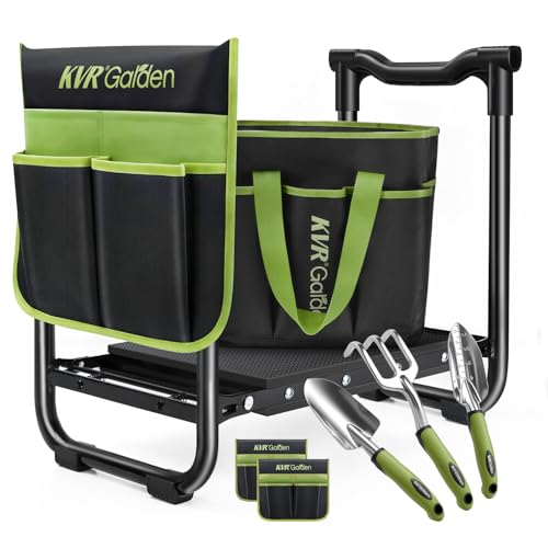 Garden Stool & Kneeler 7-Piece Set with 3 Aluminum Tools, Double-Layer Tote Bag & 2 Side Pouches - Foldable Gardening Bench Kit - Ideal Gifts for Women Mom Seniors (Light Green) - color: Light Green