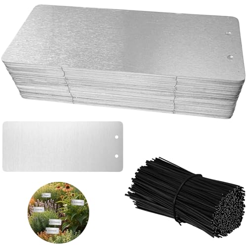 100 Pcs Metal Plant Tags, 3.75 x 1.60 in Long-Lasting Waterproof Garden Label with 2 Holes, and 1000 Pcs Black Flat Plastic Ties, for Outdoor Garden Plant Identification