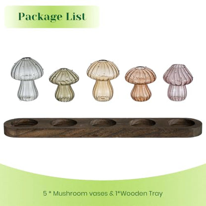 Hewory Plant Propagation Stations: 5PCS Amber Mushroom Vase with Wood Tray - color: Amber, size: 5