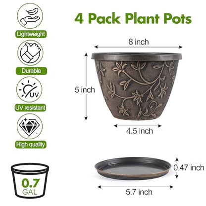 Nooulap 8 Inch Plant Pots with Drainage Hole, 4 Pack, Retro Brown - color: Retro Brown, size: 8 inch