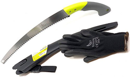 Professional Heavy Duty Pruning Saw (RAZOR SHARP 14" CURVED BLADE) Comfort Handle with Saw Blade Enclosure - Full-stroke Hand Saw with FREE Garden Gloves (Lemon-green)