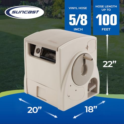Suncast Automatic Rewind Garden Hose Reel, 100 ft. 5/8 in. Vinyl Hose Holder, Light Taupe