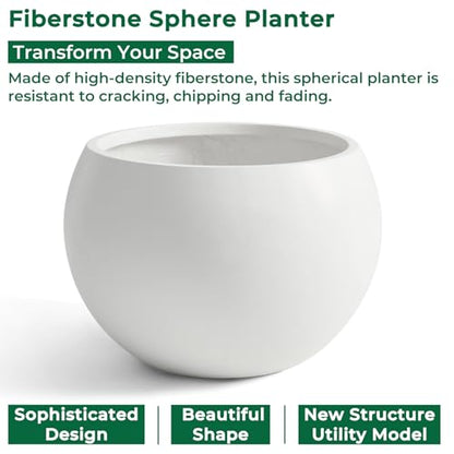 15.8"Dia x 10.9"H Fiberstone Sphere Planter, White Round Flower Pot - color: White, size: Medium