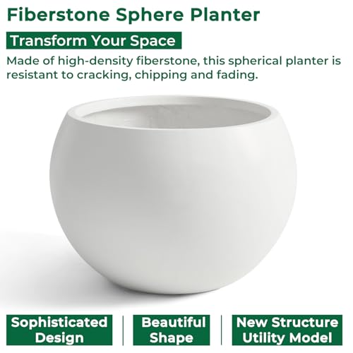 19.3"Dia x 13"H Large Fiberstone Sphere Planter, White Round Pot - color: White, size: Large