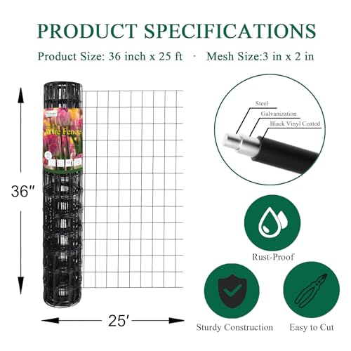 Black PVC Coated Welded Wire Fence 36" x 25' Roll, 2"x3" Mesh, 16 Gauge - color: Black, size: 2''x3'' 16GA 36''x25'