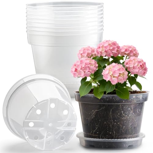 10 Pack 10 Inch Clear Nursery Pots with Saucers, Transparent Sturdy Plastic Plant Pots, Large Gardening Pots with Drainage Hole, Planting Starter Pot for Indoor Outdoor Flowers Herbs Vegetables - color: Clear, size: 10 Inch 10 Pack
