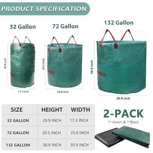 2 Pack 132 Gallon Yard Waste Bags with Handles, Reusable Leaf Bags